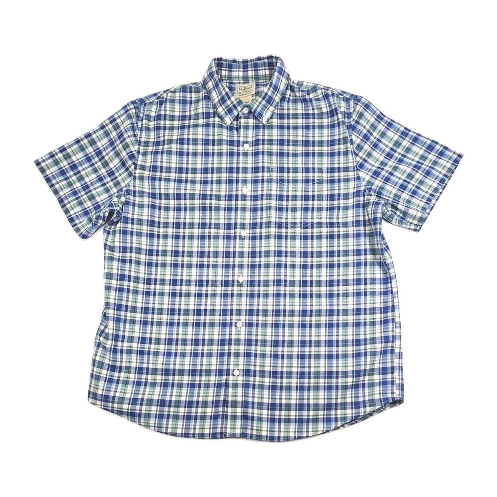 LL Bean Traditional Fit Men L Reg Plaid Button‎ Up Shirt Short Sleeve Blue Green